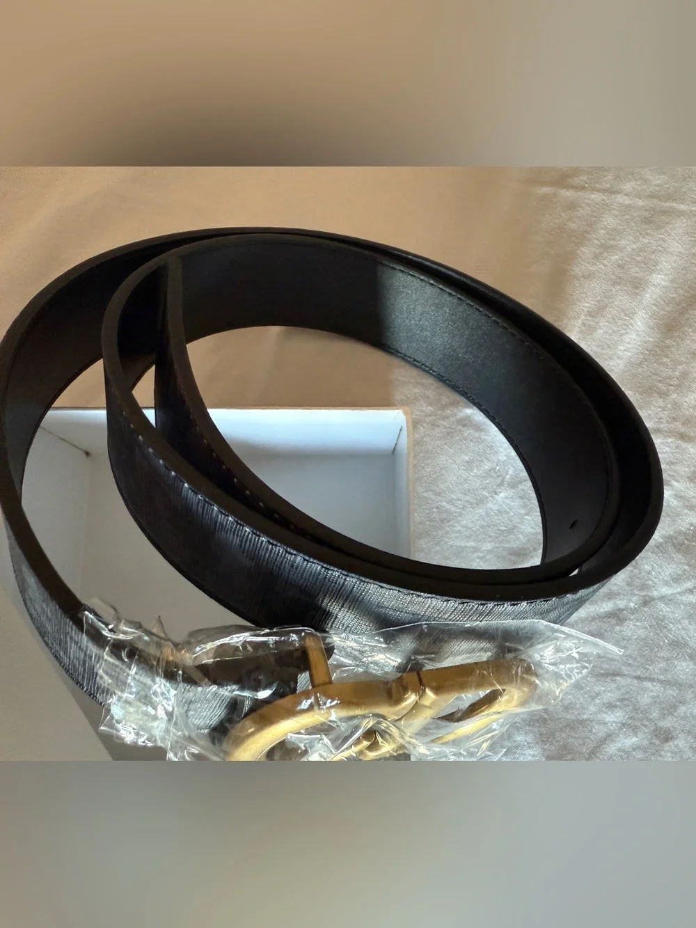 CD-Style Black Leather Belt with Gold Buckle Logo 42” Across 107 cm New